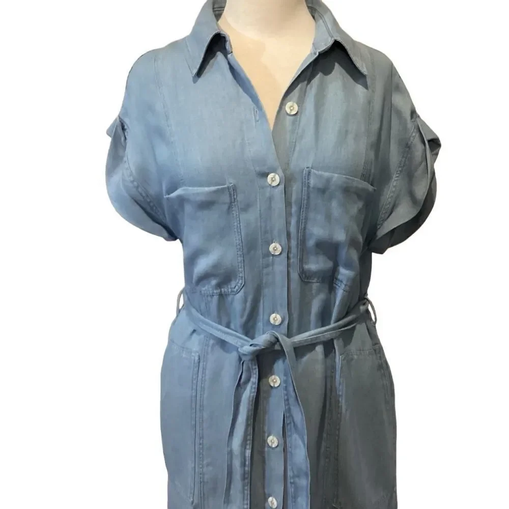 New Zara soft denim Shirt Midi Maxi belted Dress size Medium linen blend